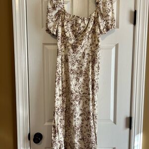 London Times Cream and Brown Floral Dress with square neckline.